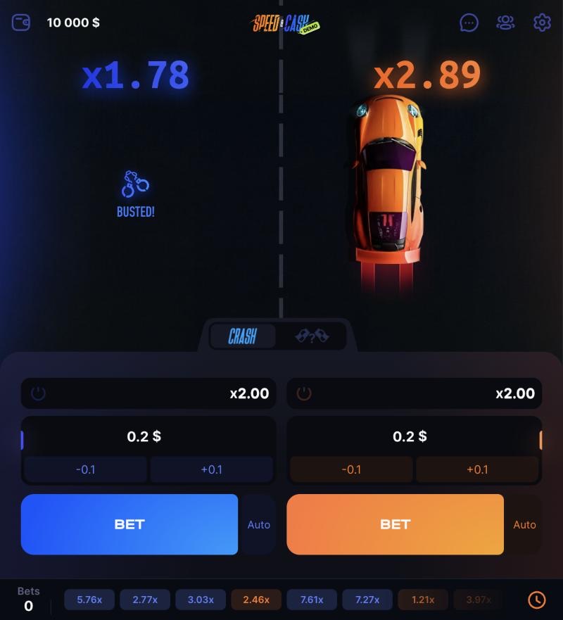 Speed n Cash round at 1win: the blue car is busted at x1.78 while the orange car keeps going at x2.89